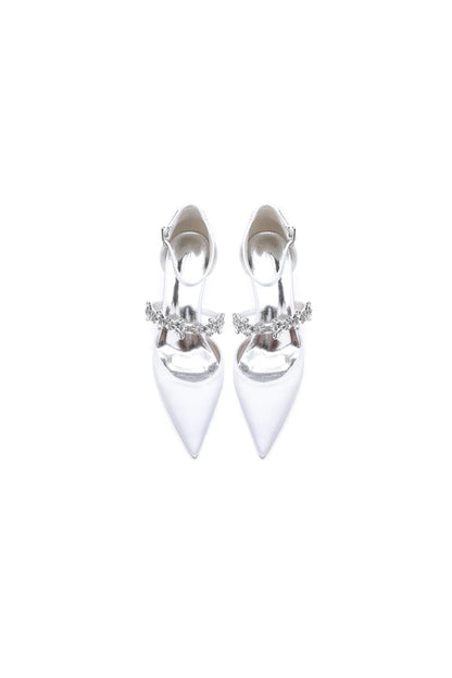 Crystal Strap Pointed Toe Satin Kitten Heels