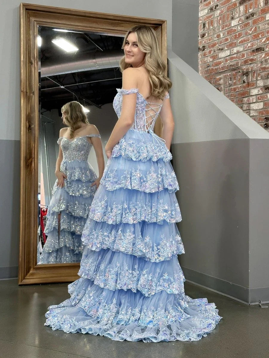 Blue Crystal Sequins Princess A Line Off the Shoulder Prom Dress with Lace Ruffles