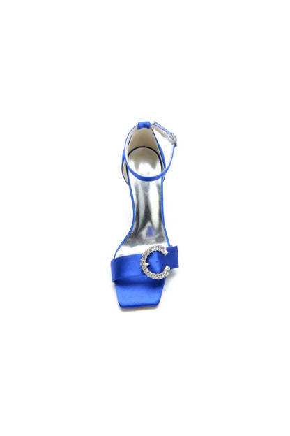 Square Open Toe Crystal Buckle Strap Chunky Heels