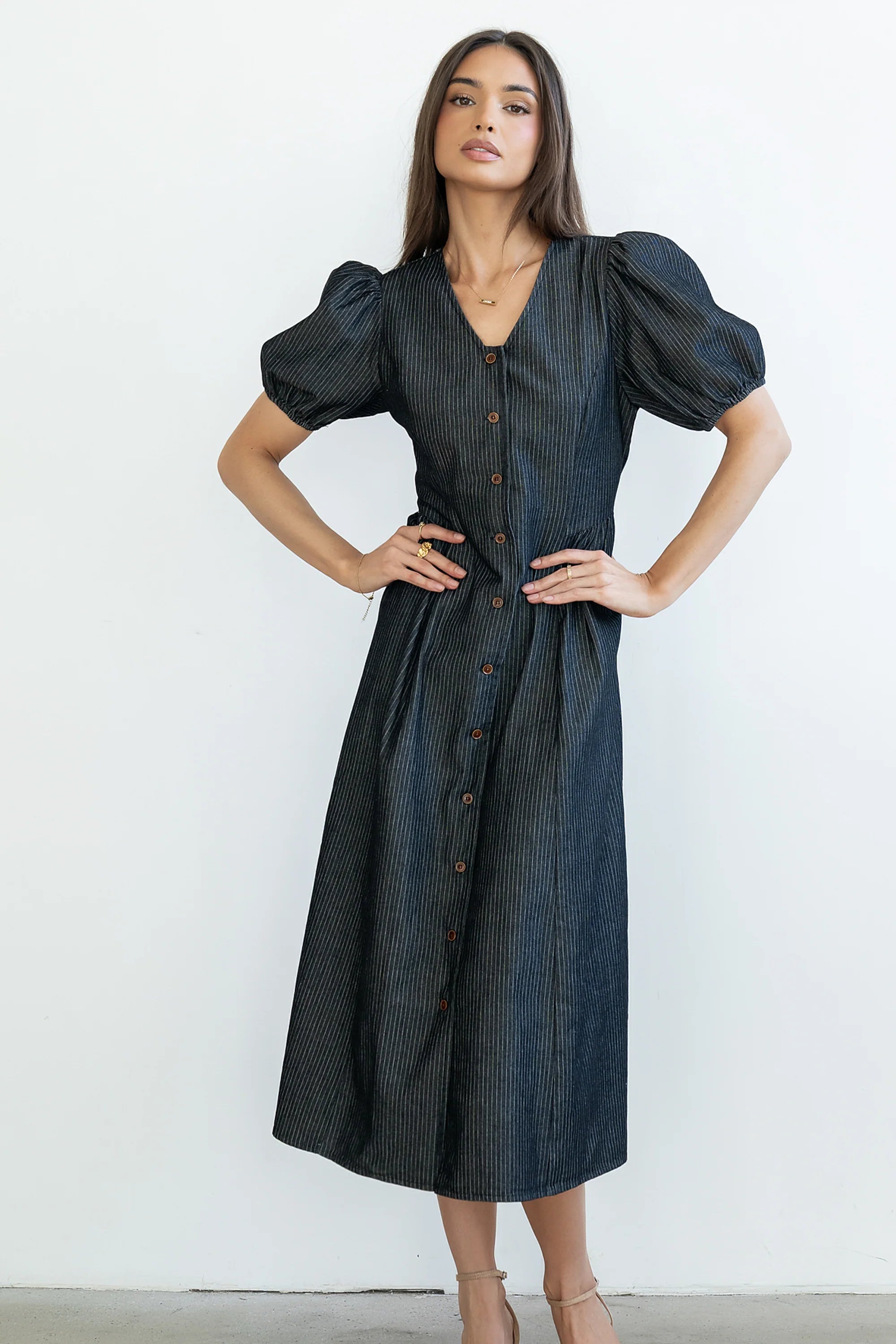 Conley Pinstripe Midi Dress in Black