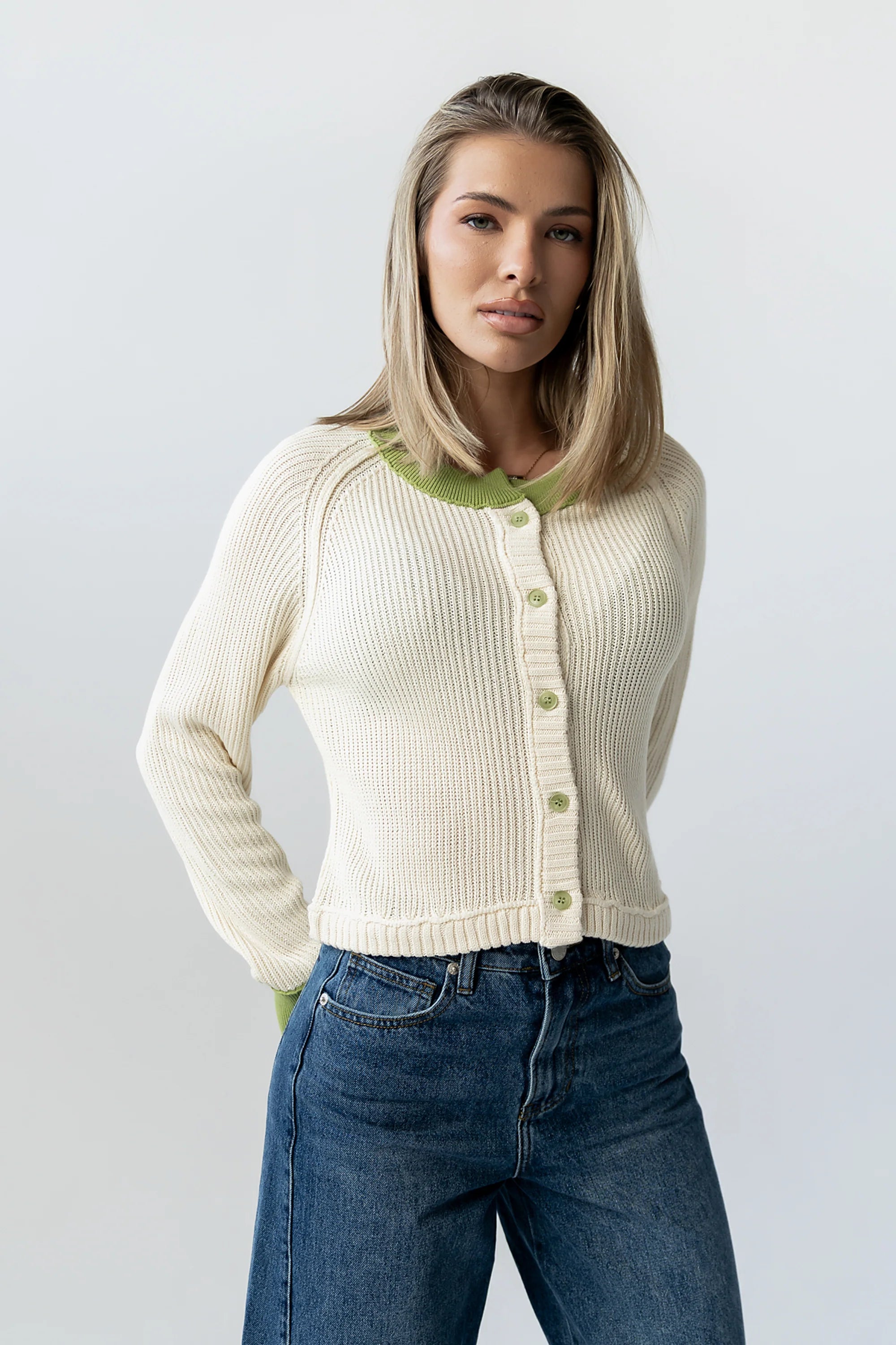 Ella Contrast Cardigan in Green