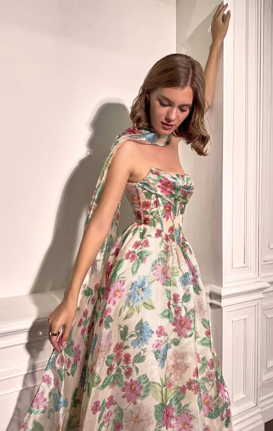 A1425 Tossed Bouquet Printed Organza Dress With Scarf Andrea Leo