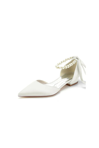 Pearl Ribbon Pointed Toe Ankle Strap Kitten Heels