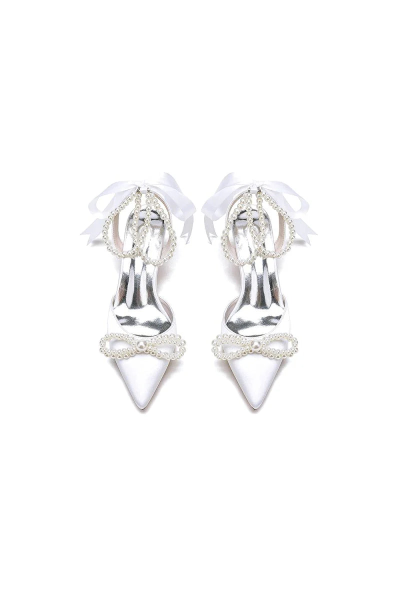 Pointed Toe Pearl Strap with Ribbon Tie