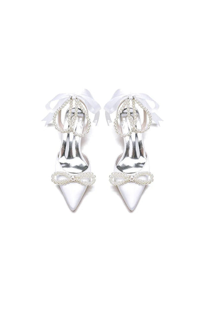 Pointed Toe Pearl Strap with Ribbon Tie