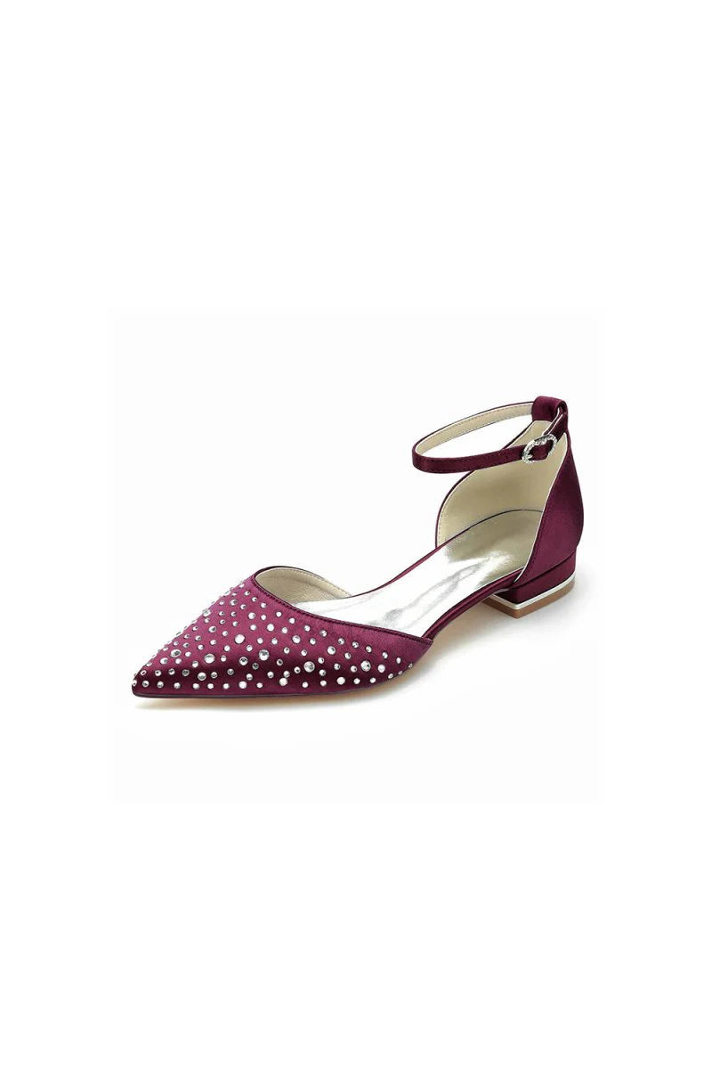 Pointed Toe Beaded Ankle Strap Buckle Kitten Heels