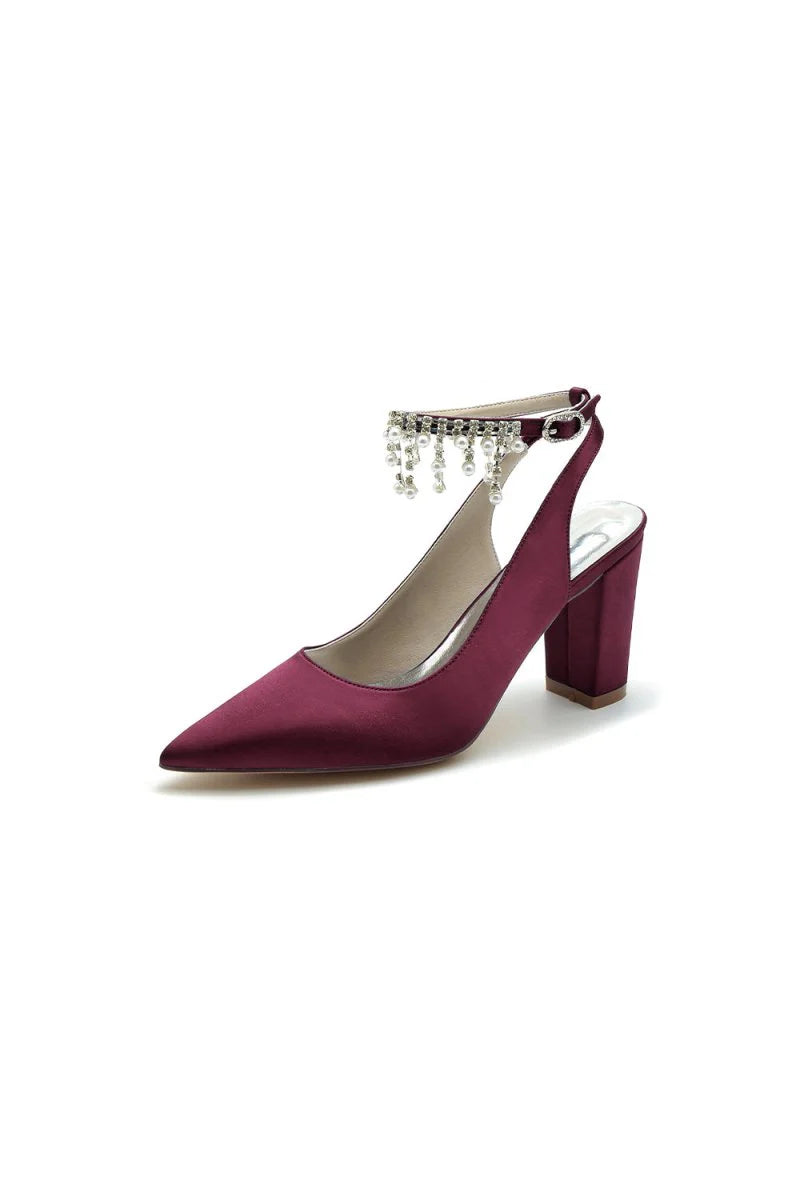 Pointed Toe Satin Chunky Heels With Pearl Tassel