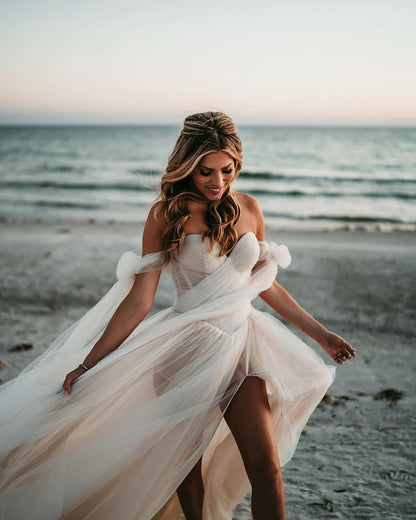 Fairy Off the Shoulder Tulle Wedding Dresses with Slit