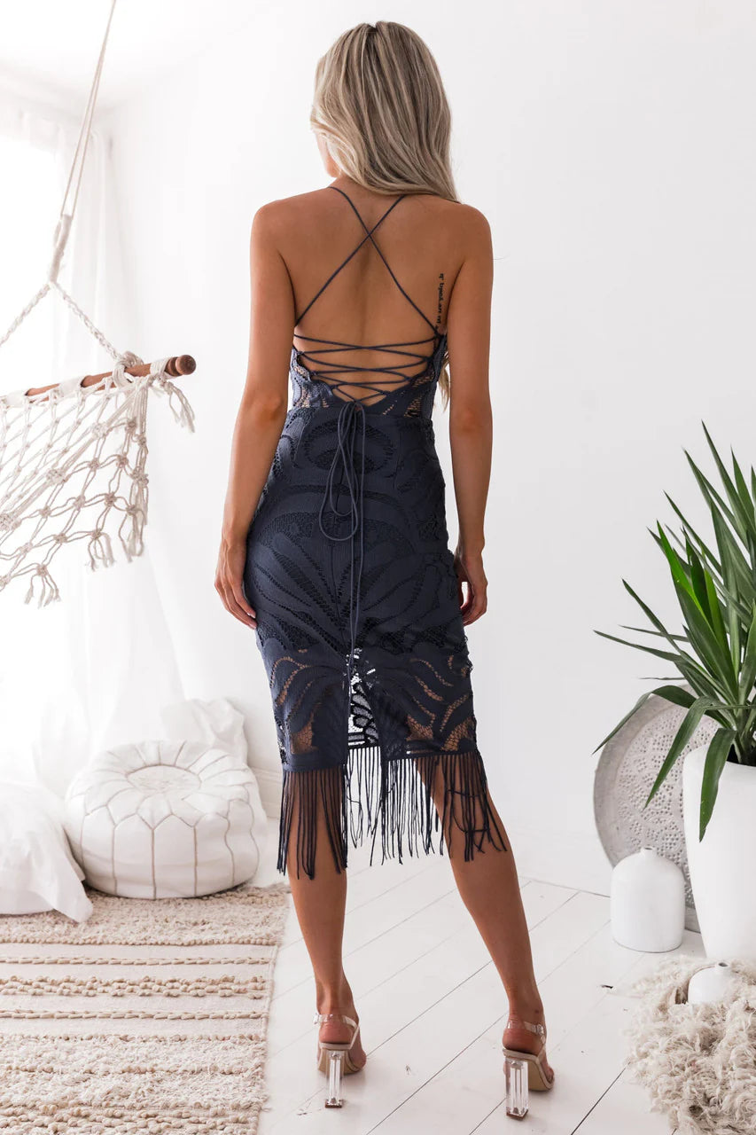 Khaleesi Dress Steel Blue Lace Dress With Fringe