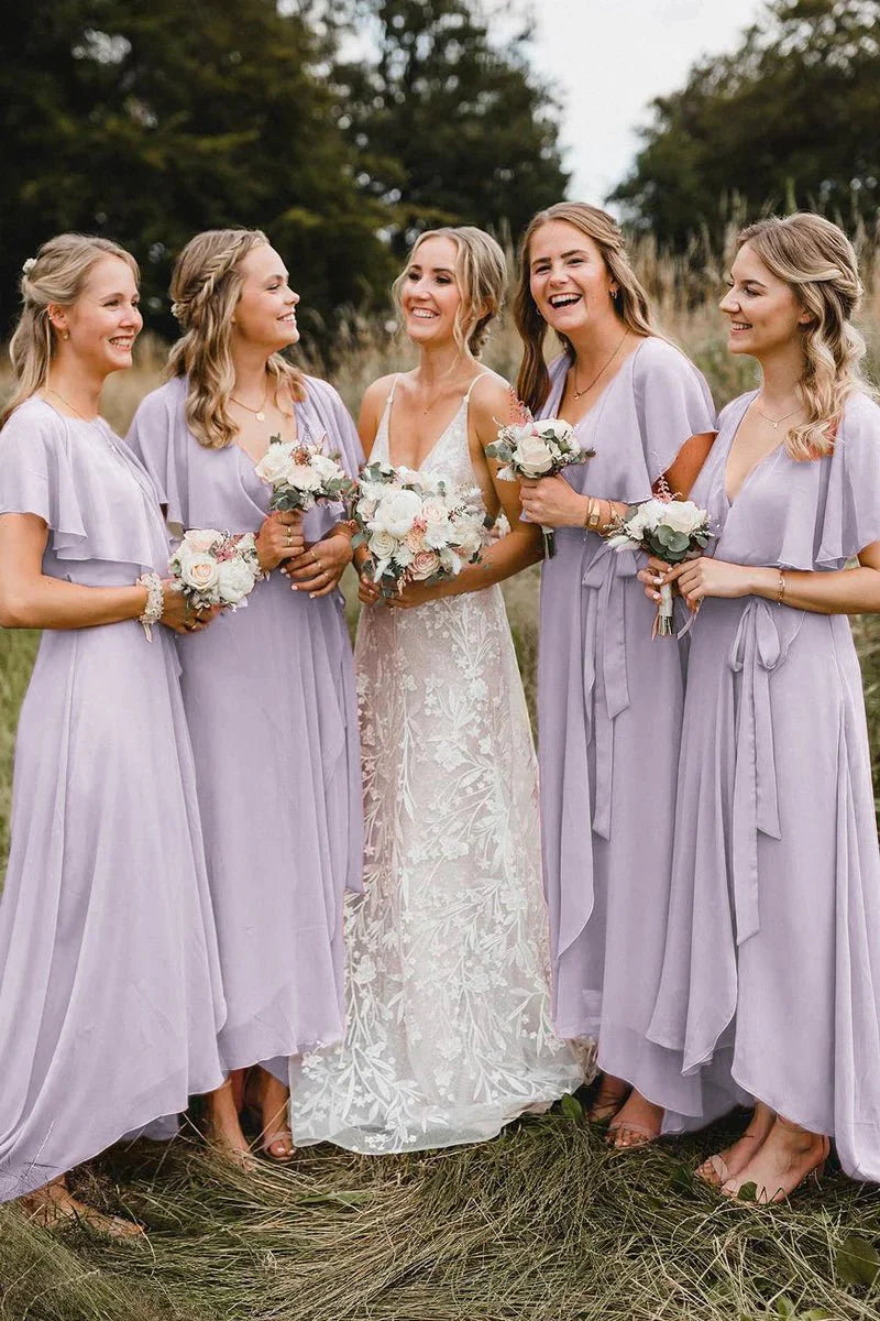 Simple A Line Coral Chiffon Long Bridesmaid Dresses