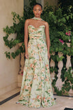 MEADOWS GOWN STRAPLESS A LINE SAGE FLORAL CHIFFON GOWN WITH SCARF