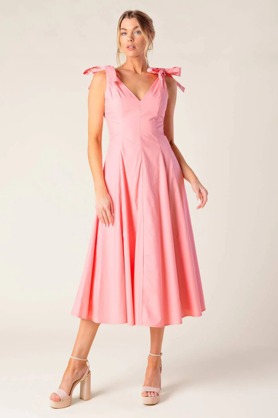 SWEET NOTHINGS SHOULDER BOW MIDI DRESS PEACH