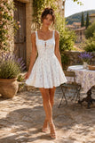 White Warm Rose Print Cotton Ruffled Mini Dress
