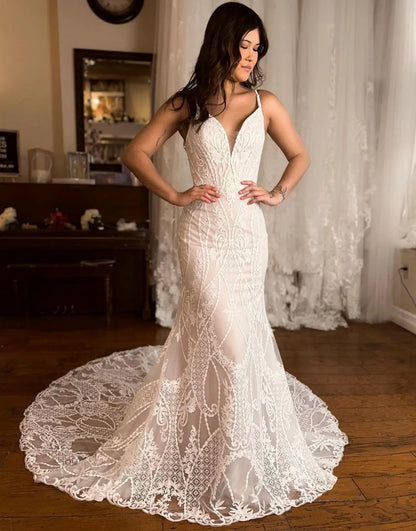 Mermaid V Neck Spaghetti Straps Sweep Train Lace Wedding Dress