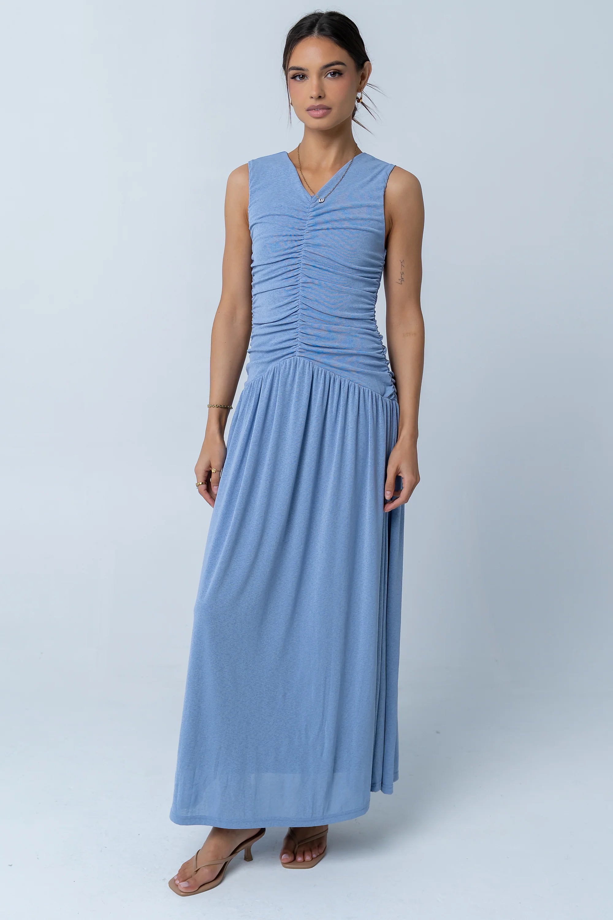 Kandi Ruched Maxi Dress in Blue