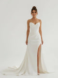 Mermaid Strapless Satin Long Wedding Dress With Slit
