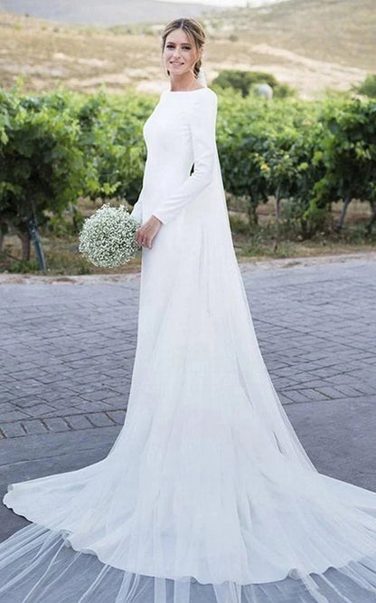 Simple Chiffon Sheath Bateau neck Deep V Back Bridal Gown with Chapel Train