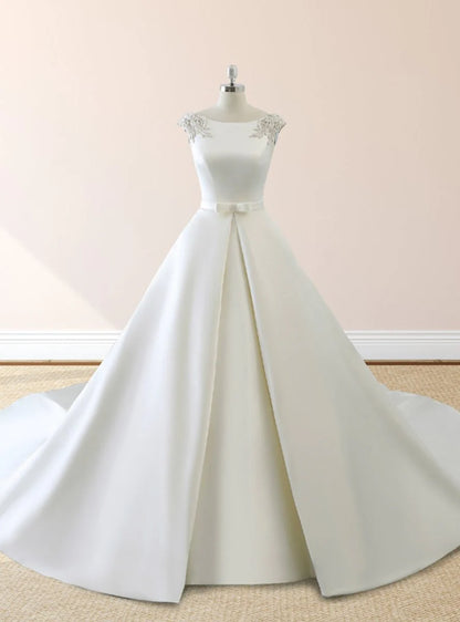 White Satin Cap Sleeve Lace Up Wedding Dress With Pearls