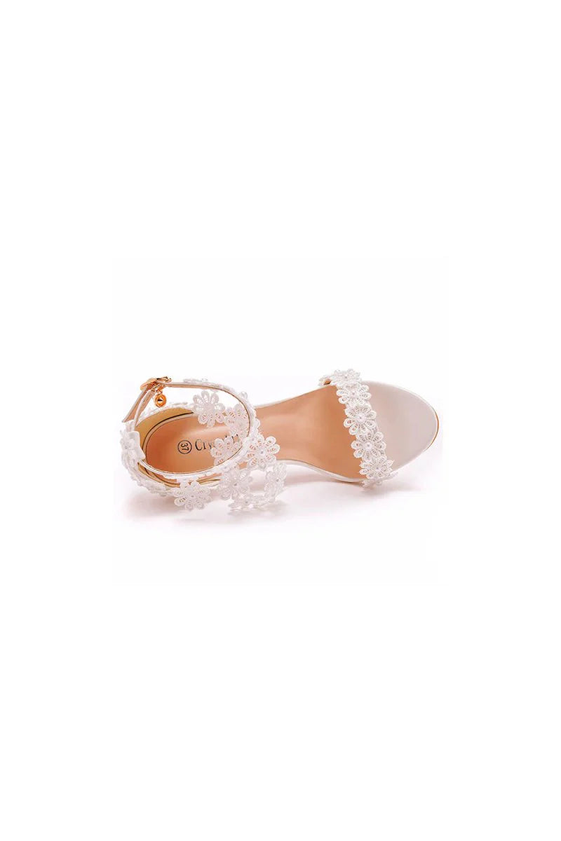 White Lace Flowers Tassels Open Toe Ankle strap Ultra High Heels