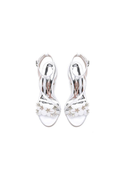 White Open Toe Ankle Strap Chunky Heels with Rhinestone Flower