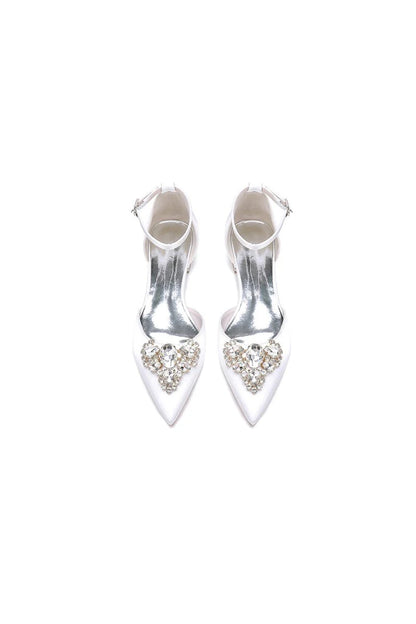 Satin Pointed Toe Ankle Strap Rhinestone Kitten Heels