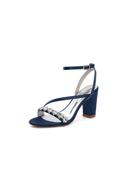 Open Toe Ankle Strap Satin Chunky Heels With Rhinestone