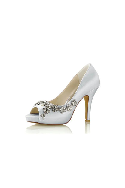 Champagne Satin Heels with Silver Metal Flower Ornament