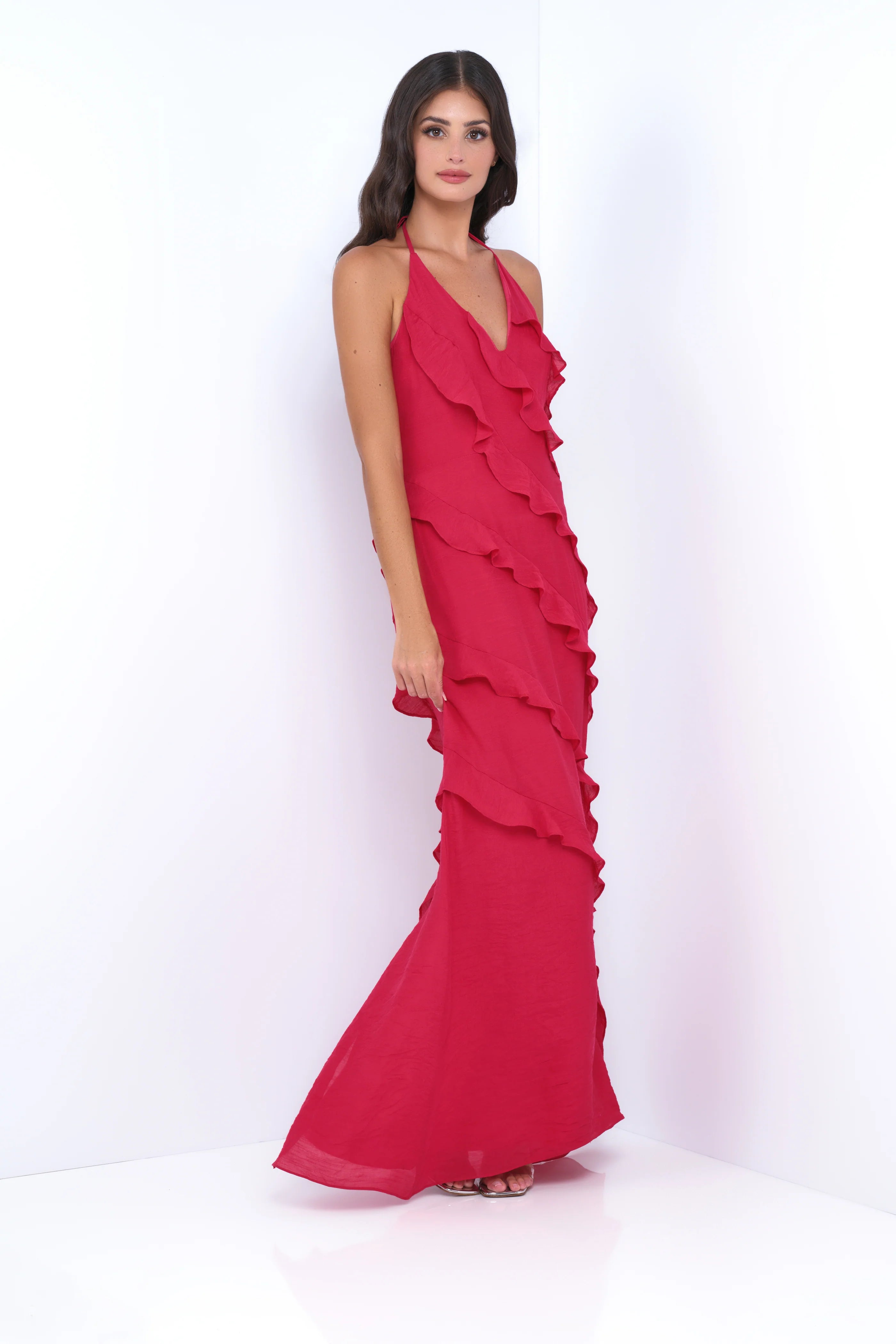 Remi Red Maxi Dress Halter Neck Open Back Ruffle Detail