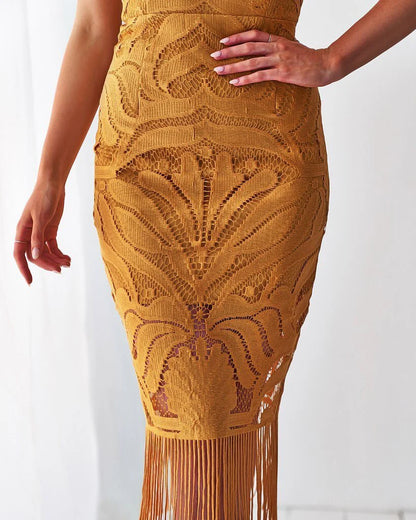 Khaleesi Dress Mustard Lace Dress With Fringe
