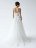 Charming A Line Strapless Tulle Lace Wedding Dresses