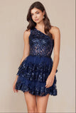 CHRISTIE MINI DRESS NAVY BLUE ONE SHOULDER TIERED SHORT DRESS