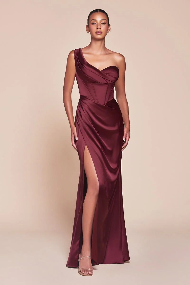 AUDRA GOWN ONE SHOULDER LUXE SATIN CORSET DRESS