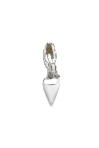 White Satin Pump with Cross Strap and Beaded Buckle