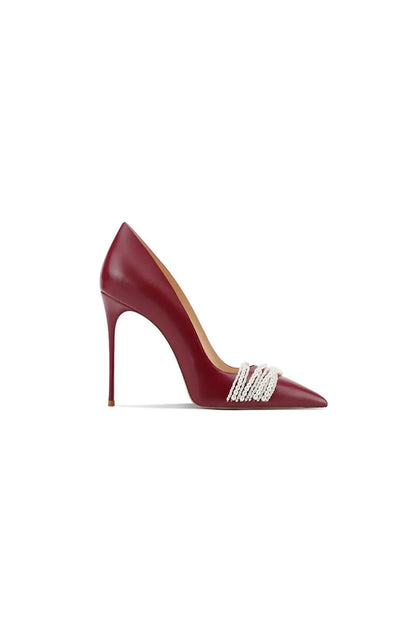 Burgundy Leather Upper Pearl Mid Heel Pumps