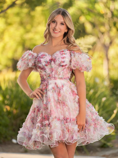 Ivana A Line Off the Shoulder Printed Tulle Short Homecoming Dress