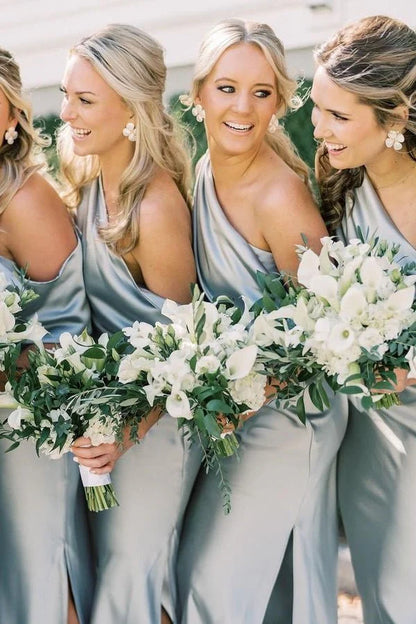 Ankle Length Slit Mermaid Bridesmaid Dresses with One Shoulder