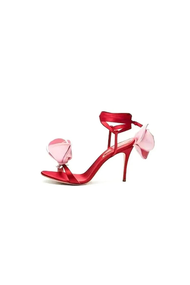 Red Flower Lace Up High Heel Sandals
