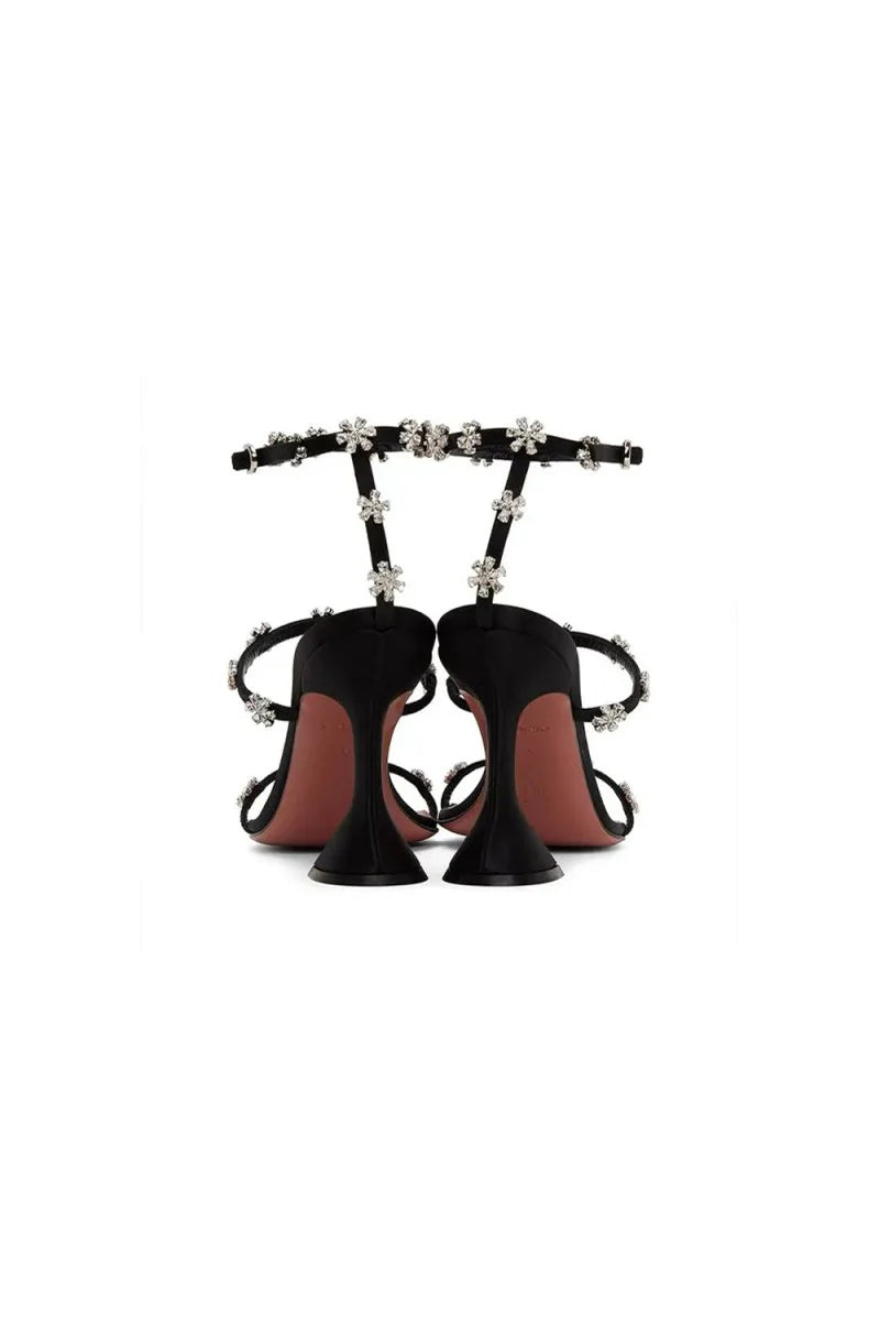 Black Ankle Straps Open Toe Chunky Heels with Flower Rhinestones