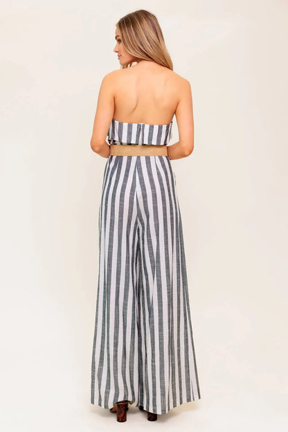 GREER STRAPLESS JUMPSUIT WHITE CHARCOAL STRIPE