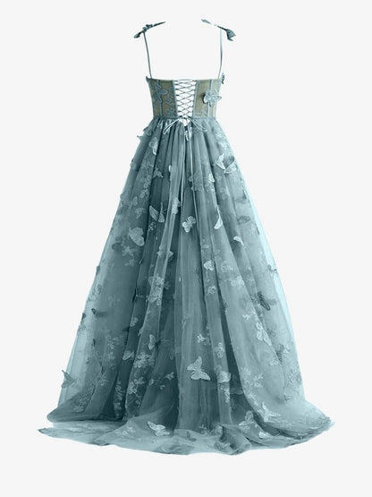 Dusty Blue A line Butterfly Lace Lilac Corset Prom Dress with Slit