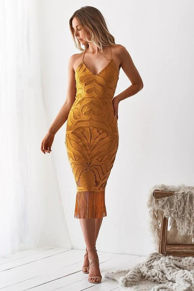 Khaleesi Dress Mustard Lace Dress With Fringe
