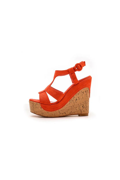 Suede Wood Grain Peep Toe Platform Wedges Sandals