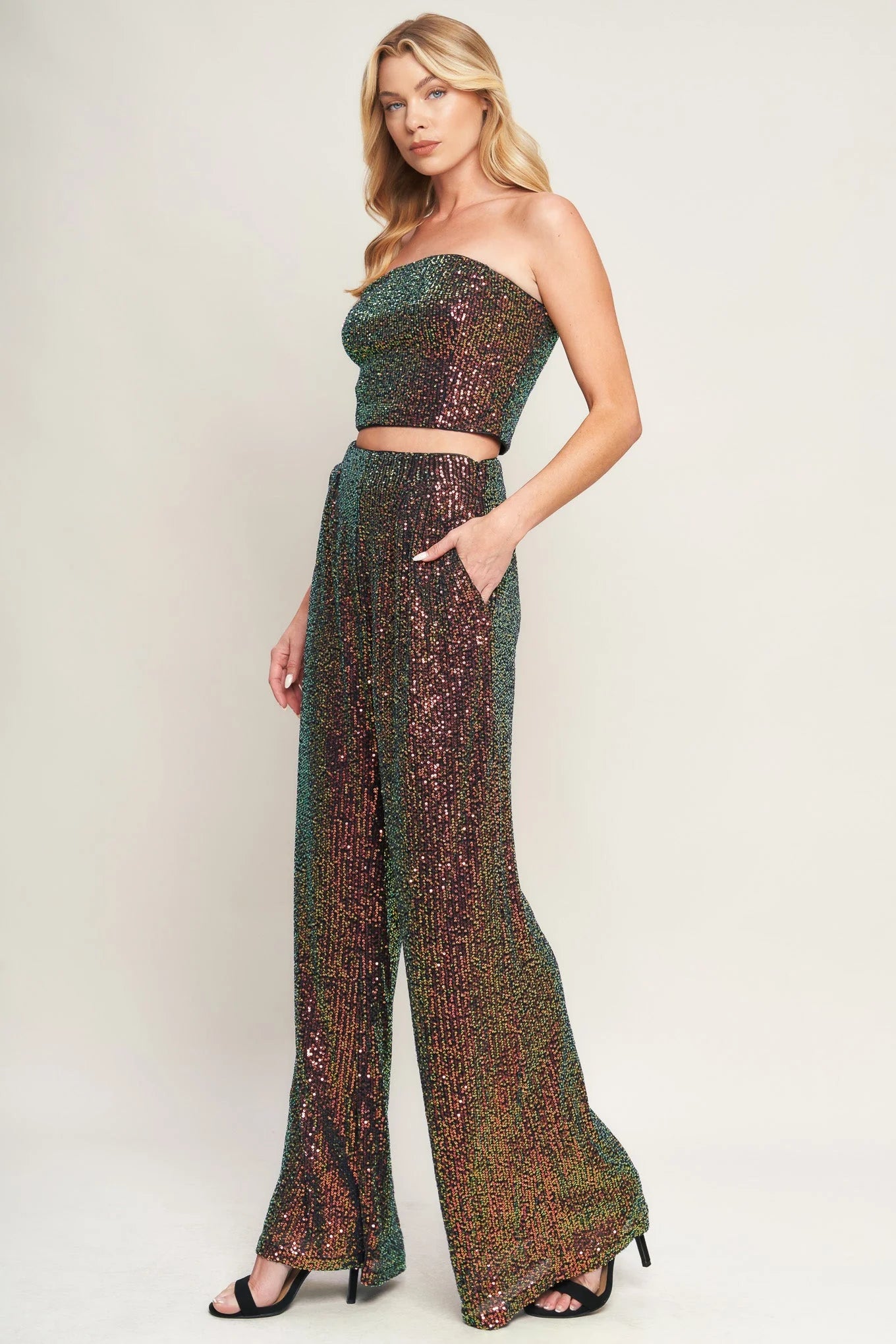 CHARMING COMPOSURE SEQUIN CROP TOP PANT SET