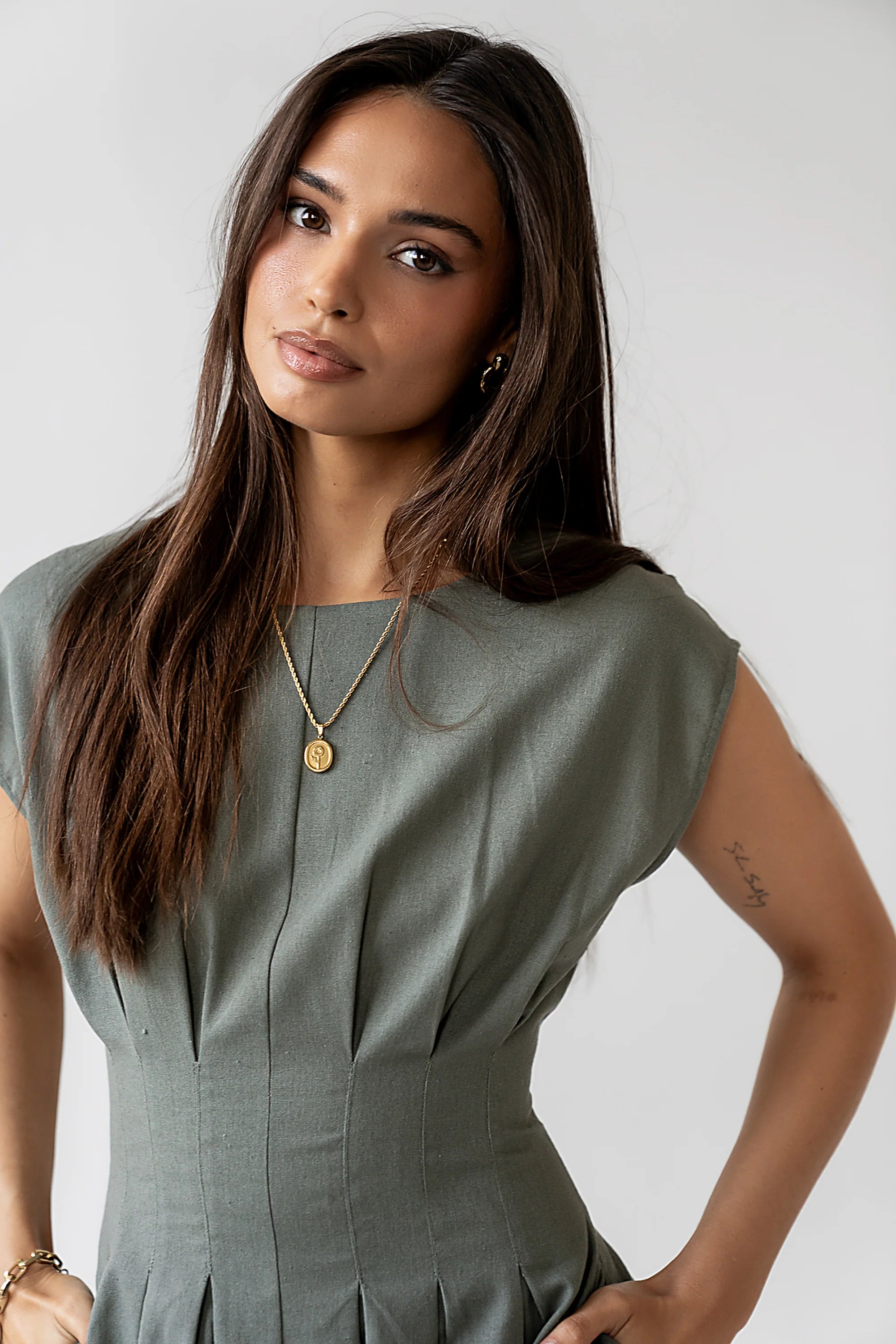 Matilda Pleated Maxi Dress in Olive