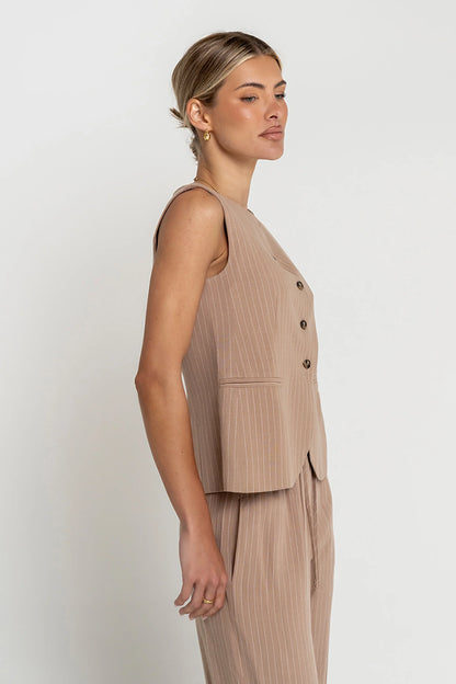 Vivienne Pinstripe Sleeveless Vest in Tan