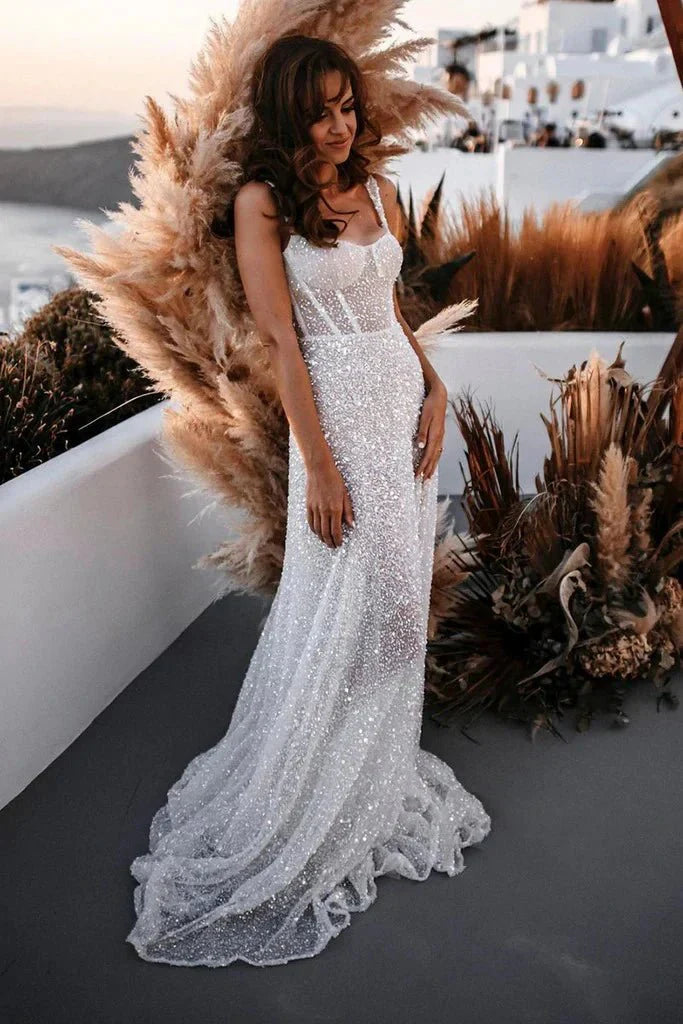 Sparkly A Line Sweetheart Sequins Wedding Dresses