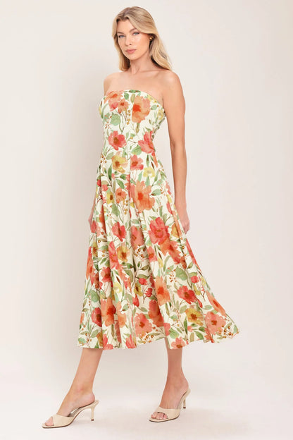 FLORAL DAYDREAM STRAPLESS MIDI DRESS