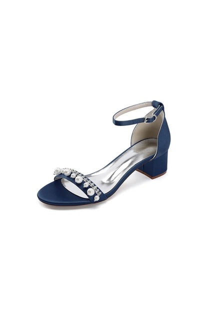 Open Toe Pearl Buckle Strap Chunky Heels