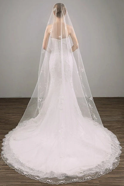 Two Tier Lace Appliques Edge Cathedral Veil Long Wedding Veil