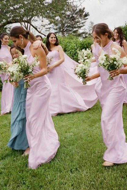 Sheath Halter White Silk Satin Long Bridesmaid Dresses